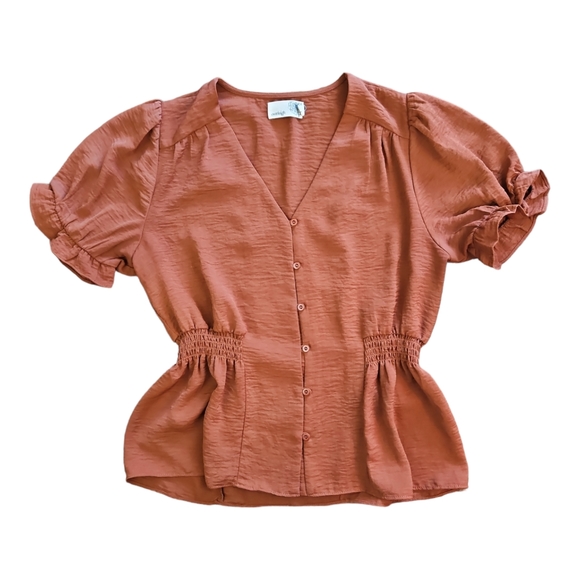 everleigh Tops - Everleigh Rust Puff Sleeve Peplum Blouse Size M